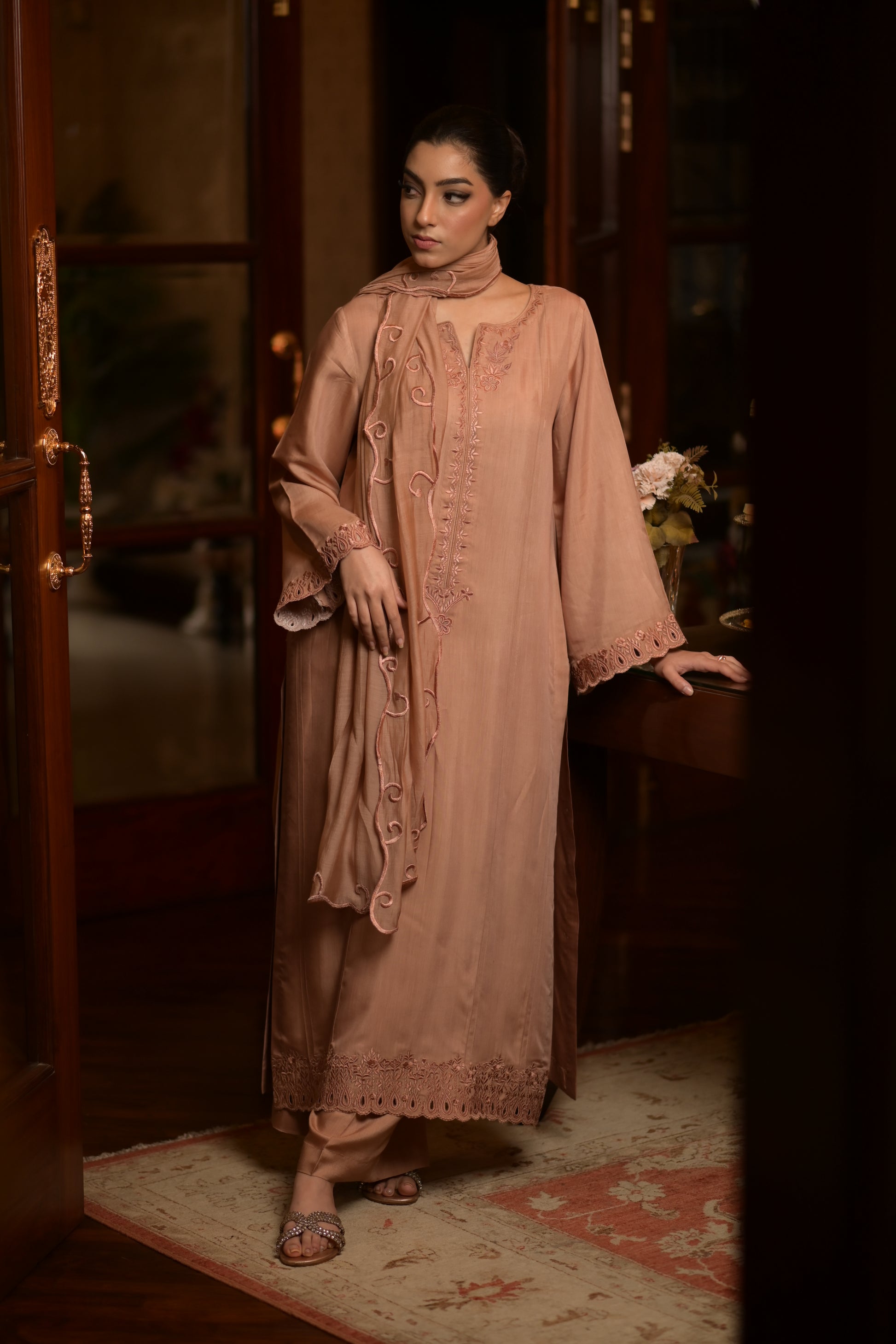 Elegant Eid outfit with flowy embroidered sleeves and a 4-sided embroidered dupatta, perfect for a breezy celebration.